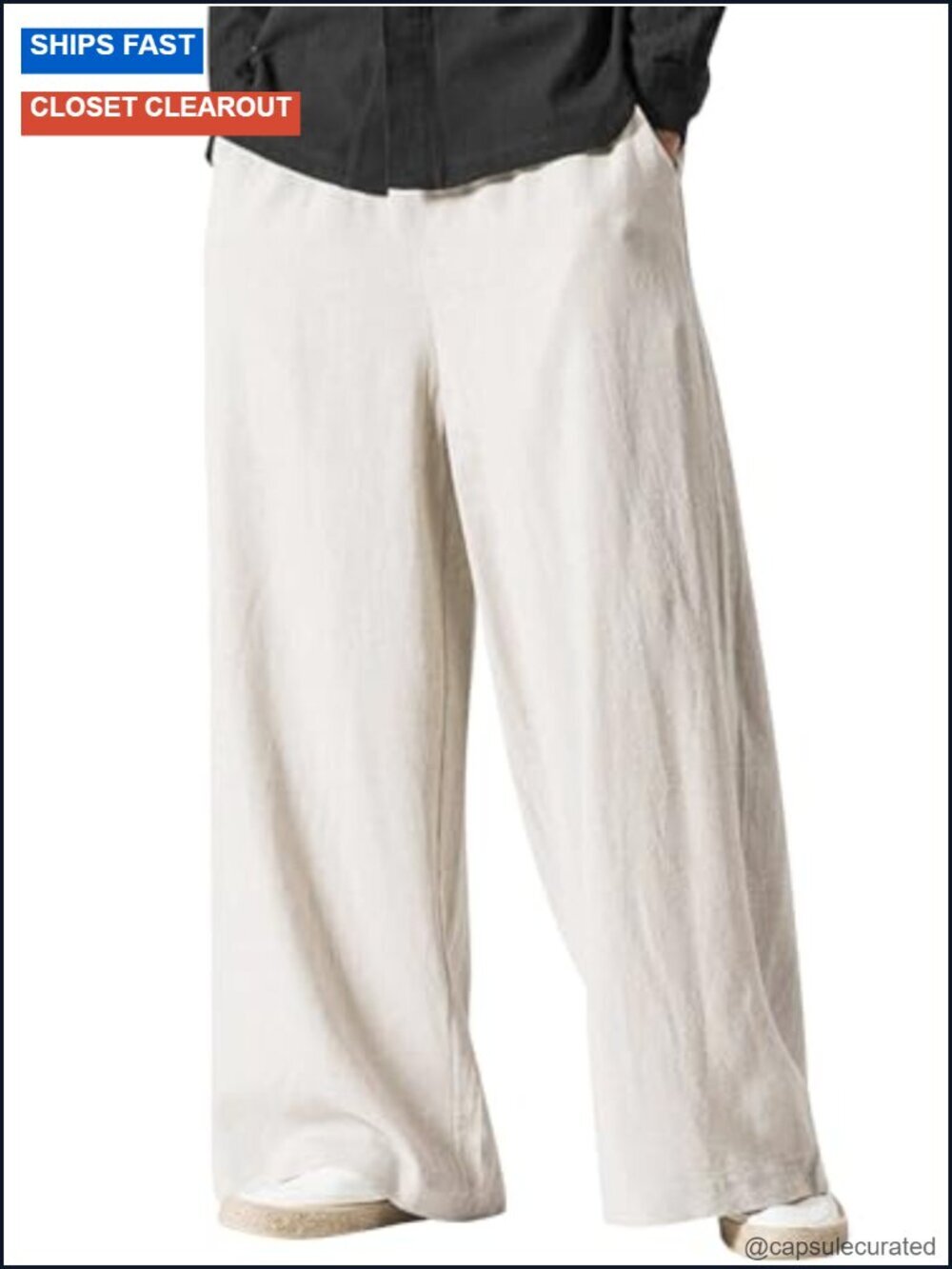 Cotton Linen Mens Pants Elastic Waist Drawstring Wide Leg Beach Trousers